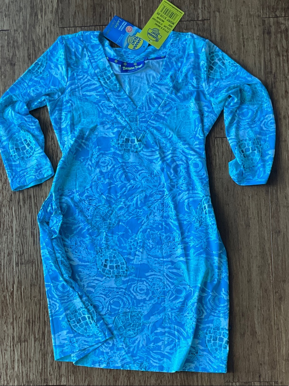 Banana Boat Blue V-Neck Ladies Dress with Tropical Pattern